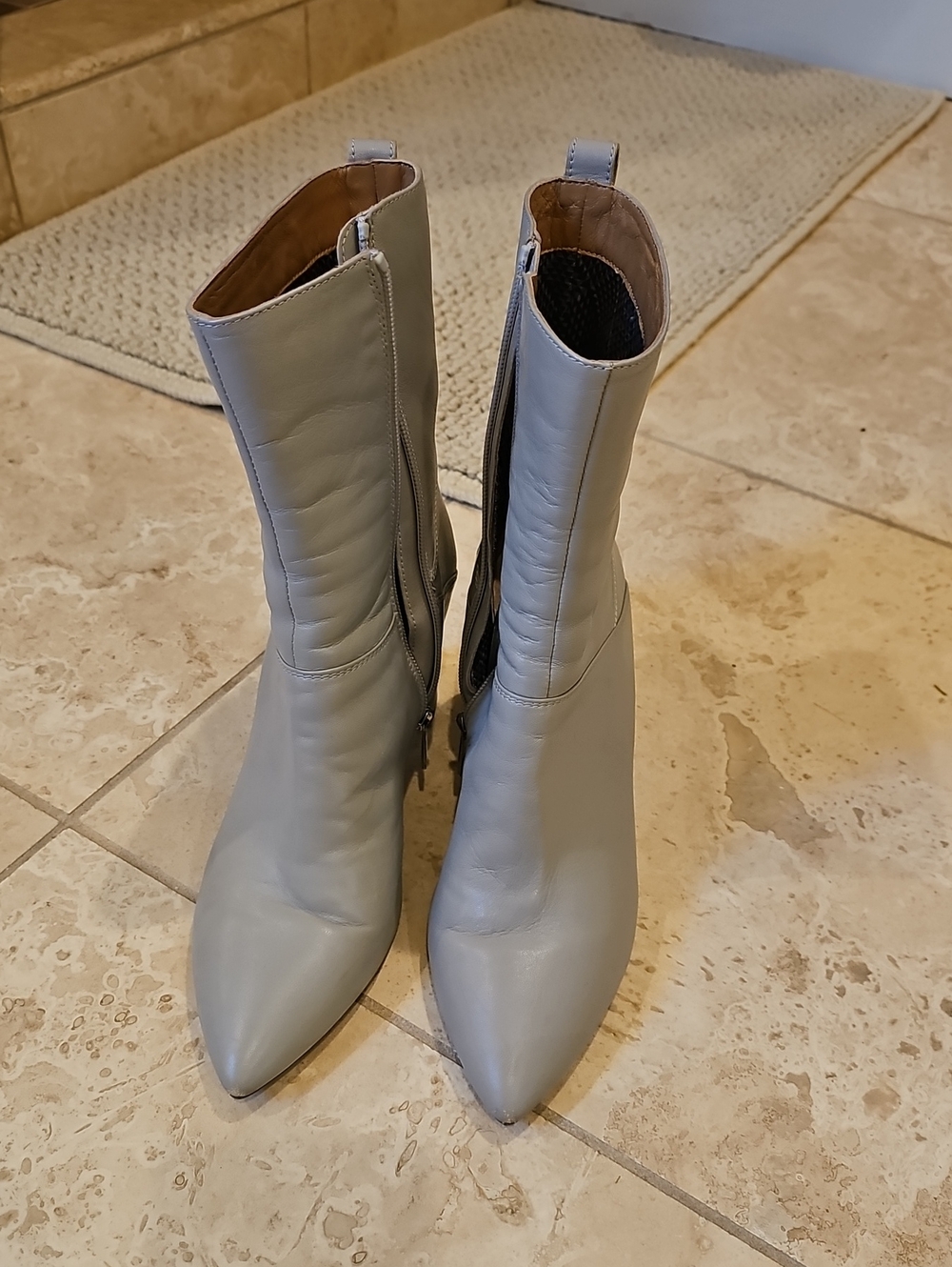 Aquatalia Light Gray Pointed Toe Mid-Calf Italian Leather Boots